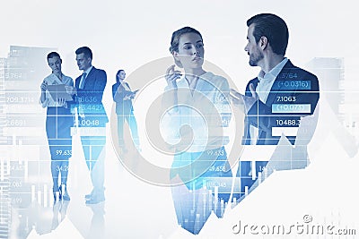 Serious businessmen and businesswomen standing and discussing wo Stock Photo