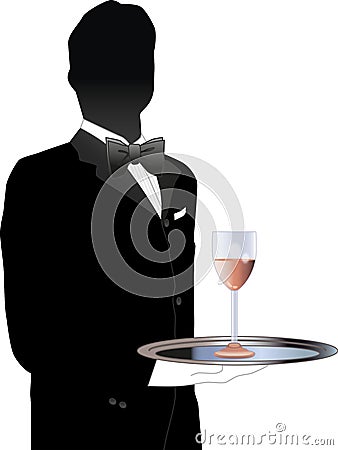A serious butler, head waiter, or server is serving a glass of wine. Stock Photo