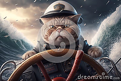 A serious cat wearing a marine captain's hat on sinking boat, generative ai Stock Photo