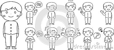 Serious cute male student wearing student clothes expressing emotion outline set Vector Illustration