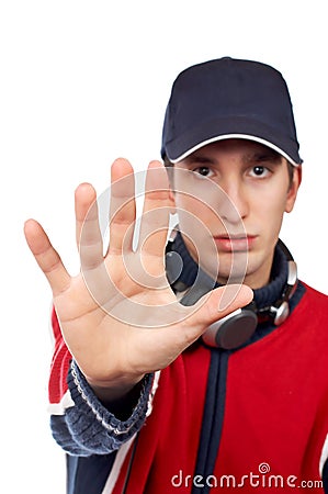 Serious disc jockey saying stop Stock Photo