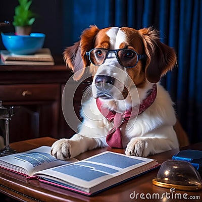 Serious dog writer, dog journalist, dog secretary, dog with book and feather Stock Photo