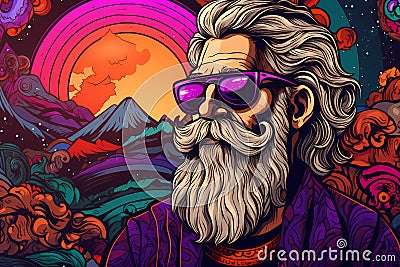 A serious elderly Caucasian man with a beard and gray hair in a fantastic landscape. Psychedelic mix of orange and purple colors Cartoon Illustration