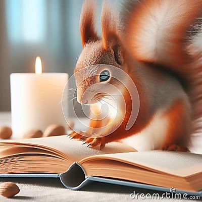 Serious expression of squirrel reading book Stock Photo