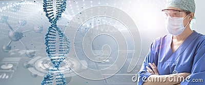 Serious female doctor examining a dna helix hologram, genetic disease care concept Stock Photo