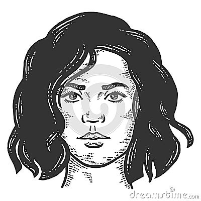 Serious female face with a short haircut. Sketch scratch board imitation. Vector Illustration