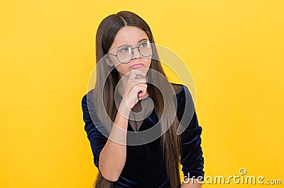 serious girl kid with puzzled face wear uv protective glasses, eyesight Stock Photo