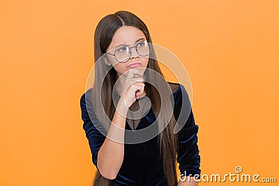 serious girl kid with puzzled face wear uv protective glasses, eyesight Stock Photo