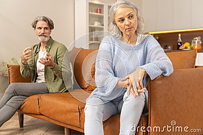 Serious husband talking to his ill-humored wife Stock Photo