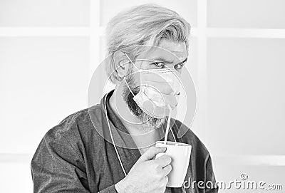 Serious about hygiene. Cover mouth and nose with mask and make sure no gaps between face and mask. Totally protected Stock Photo