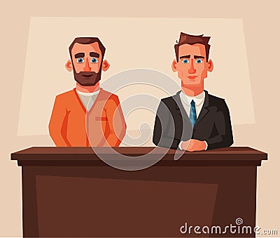 Serious lawyer sits by the table in courthouse with defendant. Cartoon vector illustration. Character design. Vector Illustration