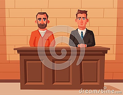 Serious lawyer sits by the table in courthouse with defendant. Cartoon vector illustration. Character design. Vector Illustration