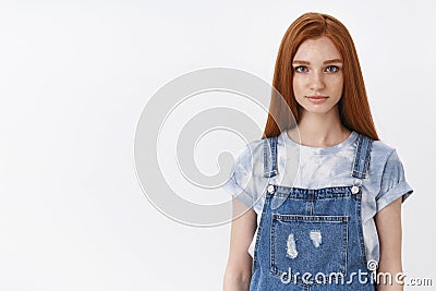 Serious-looking redhead teenage girl with blue eyes look sincere hopeful, have important conversation, something Stock Photo