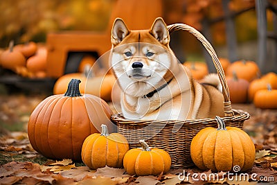 A serious-looking Shiba Inu dog sits inside a cane basket amidst rustic pumpkins Stock Photo