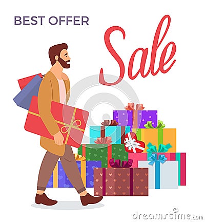 Serious man with gifts in his hands. Big present boxes on the background. Holliday sale concept Vector Illustration