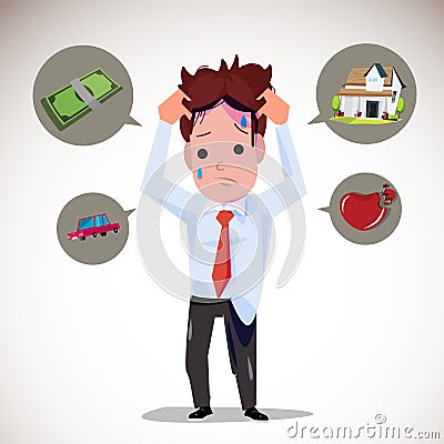 Serious man with icons. money. car. house. broken heart - Cartoon Illustration