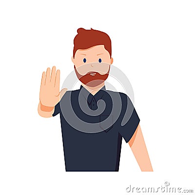 Serious man shows stop gesture. Vector illustration in cartoon style. Cartoon charcter deny, stop expression. Rejection Cartoon Illustration