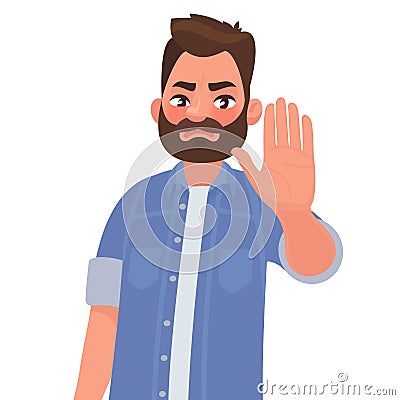 Serious man shows stop gesture. Vector illustration Cartoon Illustration