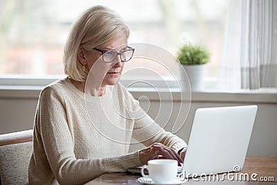 Serious mature middle aged business woman using laptop typing em Stock Photo