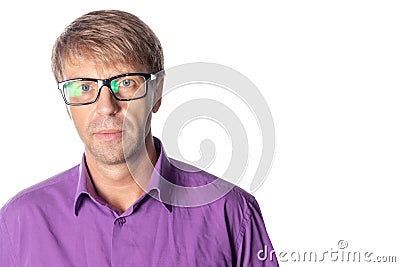 Serious middle age man with glasses on white background. Stylish man wearing glasses, looking at camera Stock Photo