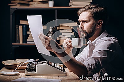 Serious Pensive Penman Reading His Recent Text Stock Photo