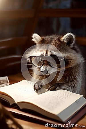 Serious raccoon reading a book. Wildlife animal, education, learning concept Stock Photo