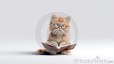 Serious little cat with glasses reading book Stock Photo