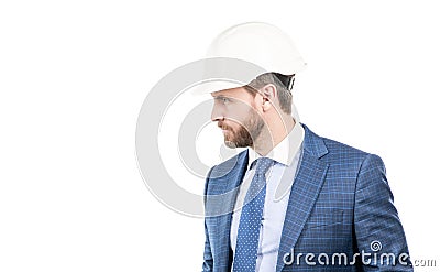 Serious and reliable engineer. Civil engineer isolated on white. Businessman in hardhat and suit Stock Photo