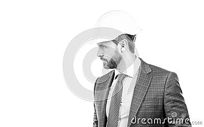 Serious and reliable engineer. Civil engineer isolated on white. Businessman in hardhat and suit Stock Photo