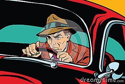 Serious retro man driving a car Vector Illustration