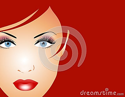 Serious Staring Female Face on Red Cartoon Illustration