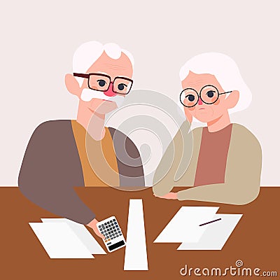 Serious stressed Elderly Couple. Grandpa With Grandmother worried about asset management illustration. Money problem Vector Illustration