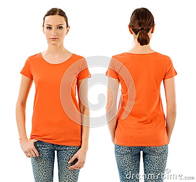 Serious woman with blank orange shirt Stock Photo