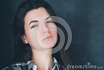 Serious young brunette high opinion youth unhappy Stock Photo