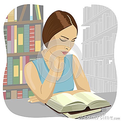 Serious young student reading a book in a library Vector Illustration