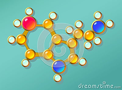 Serotonin molecule. Illustration structure from gold jewelry. Stock Photo