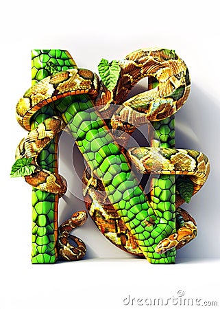 Serpent-Coiled Letter N: 3D Nature Typography with Python Snake and Green Hexagonal Patterns Stock Photo