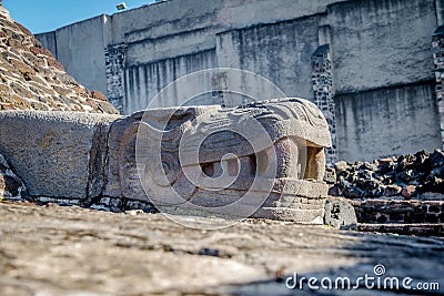 Serpent Sculpture in Aztec Temple Templo Mayor at ruins of Tenochtitlan - Mexico City, Mexico Stock Photo