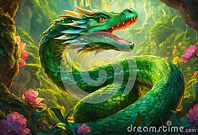 Serpentine Dragon. Dragon headed snake coiling in greenery of forest Stock Photo