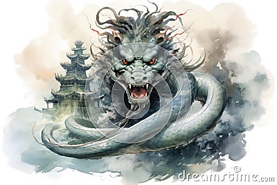 Serpentine naga, possessing both human and snake-like features, with vast wisdom - Generative AI Stock Photo