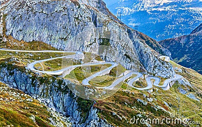 Serpentine road to the St. Gotthard Pass in the Swiss Alps Stock Photo