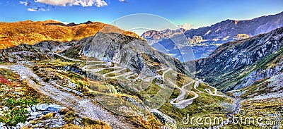 Serpentine road to the St. Gotthard Pass in the Swiss Alps Stock Photo