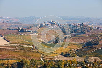 Serralunga d`Alba town on the hill surrounded by vineyards in Italy Stock Photo
