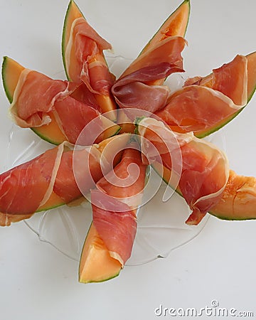 Serrano ham and Cantalope melon - fresh and delicious to served as starter or only to eat if you want something fresh and deliciou Stock Photo