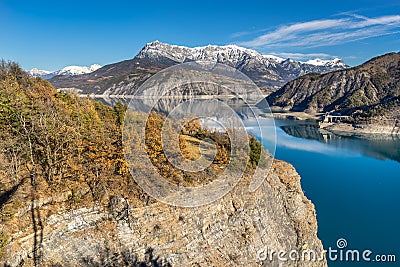 Serre Poncon lake and Grand Morgon in winter. Alps, France Stock Photo