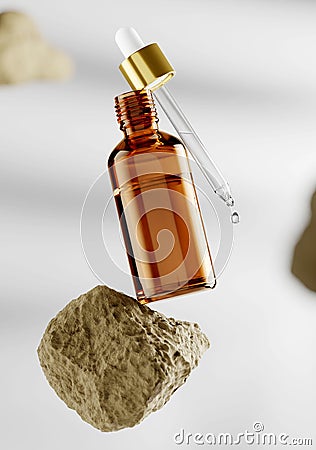 Serum Dropper Bottle Mockup on a rock - 3D Illustration Stock Photo