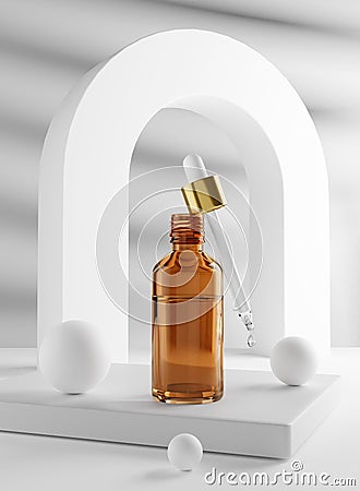 Serum Dropper Bottle Mockup with White Props - 3D Illustration Render Stock Photo