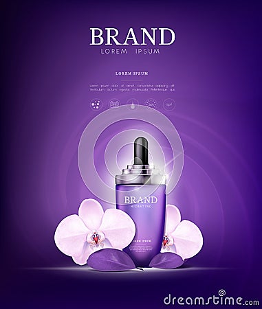 Serum essence orchid flower with dropper in bottle. Skin care collagen hyaluronic moisture formula treatment with honeycomb design Stock Photo