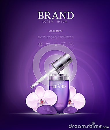 Serum essence orchid flower with dropper in bottle. Skin care collagen hyaluronic moisture formula treatment with honeycomb design Vector Illustration