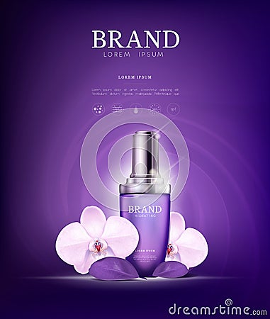 Serum essence orchid flower with dropper in bottle. Skin care collagen hyaluronic moisture formula treatment with honeycomb design Stock Photo